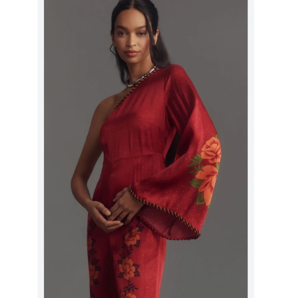 FARM RIO X ANTHROPOLOGIE ONE-SHOULDER PRINTED SATIN JUMPSUIT - Picture 4 of 14